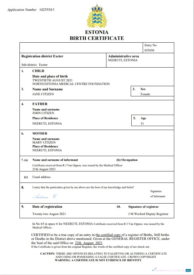 Download Estonia vital record birth certificate Word and PDF template Photoshop template